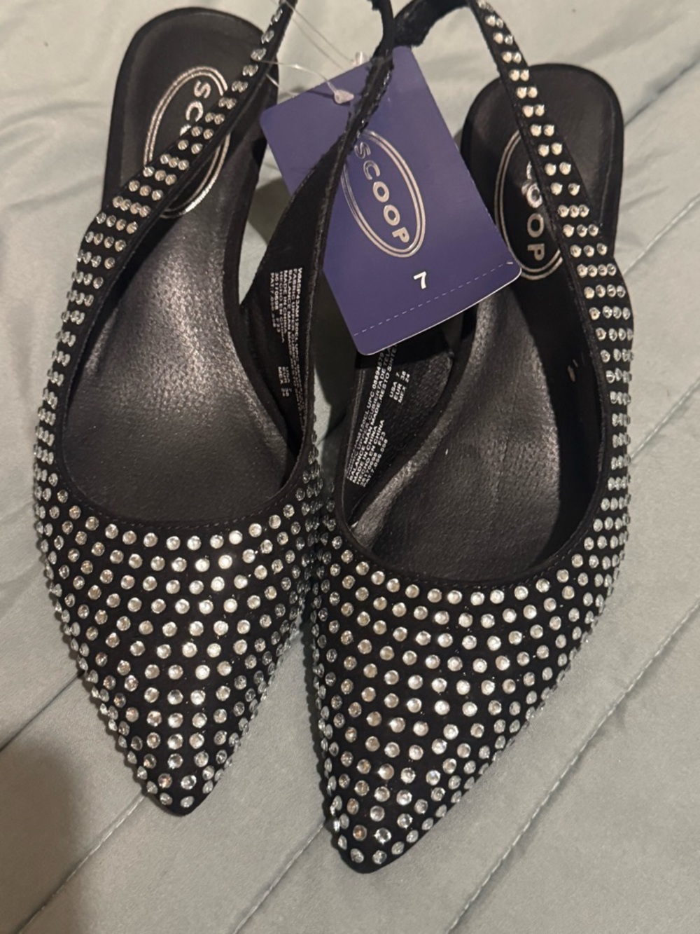 SCOOP Black Crystal-Studded Pointed Slingback Heels